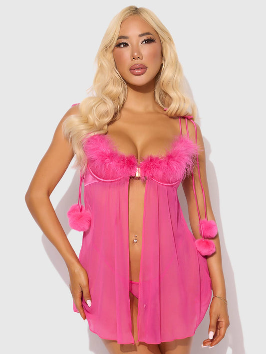 ENSEMBLE BABYDOLL EN MARABOU ET MAILLE MARILYN AVEC STRING: DRAGON ROSE / S - LA PIRI | BOUTIQUE EN LIGNE DE BIKINIS ET LINGERIE