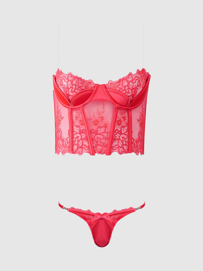 ENSEMBLE BUSTIER ET TANGA BRODÉ EDEN: CORAIL / S - LA PIRI | BOUTIQUE EN LIGNE DE BIKINIS ET LINGERIE