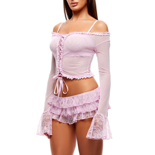 Ensemble 3 pièces Soft Girl Era : haut en mesh transparent et dentelle et short — rose pâle: Rose Clair / M - LA PIRI | BOUTIQUE EN LIGNE DE BIKINIS ET LINGERIE