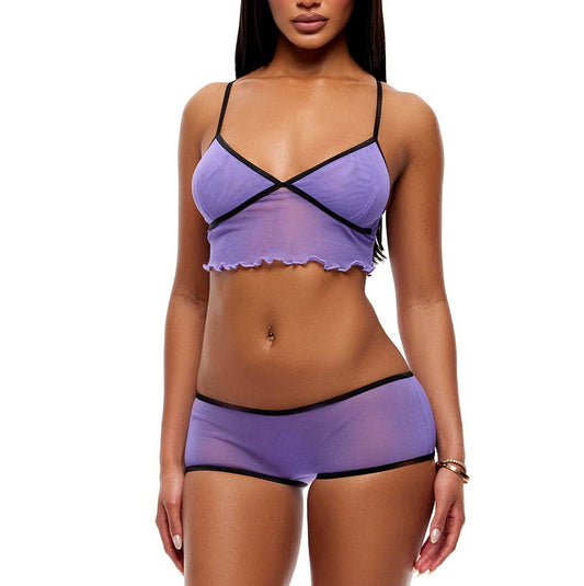 Home Body Ensemble 2 pièces : caraco en mesh transparent et shorty - violet: Violet / L - LA PIRI | BOUTIQUE EN LIGNE DE BIKINIS ET LINGERIE