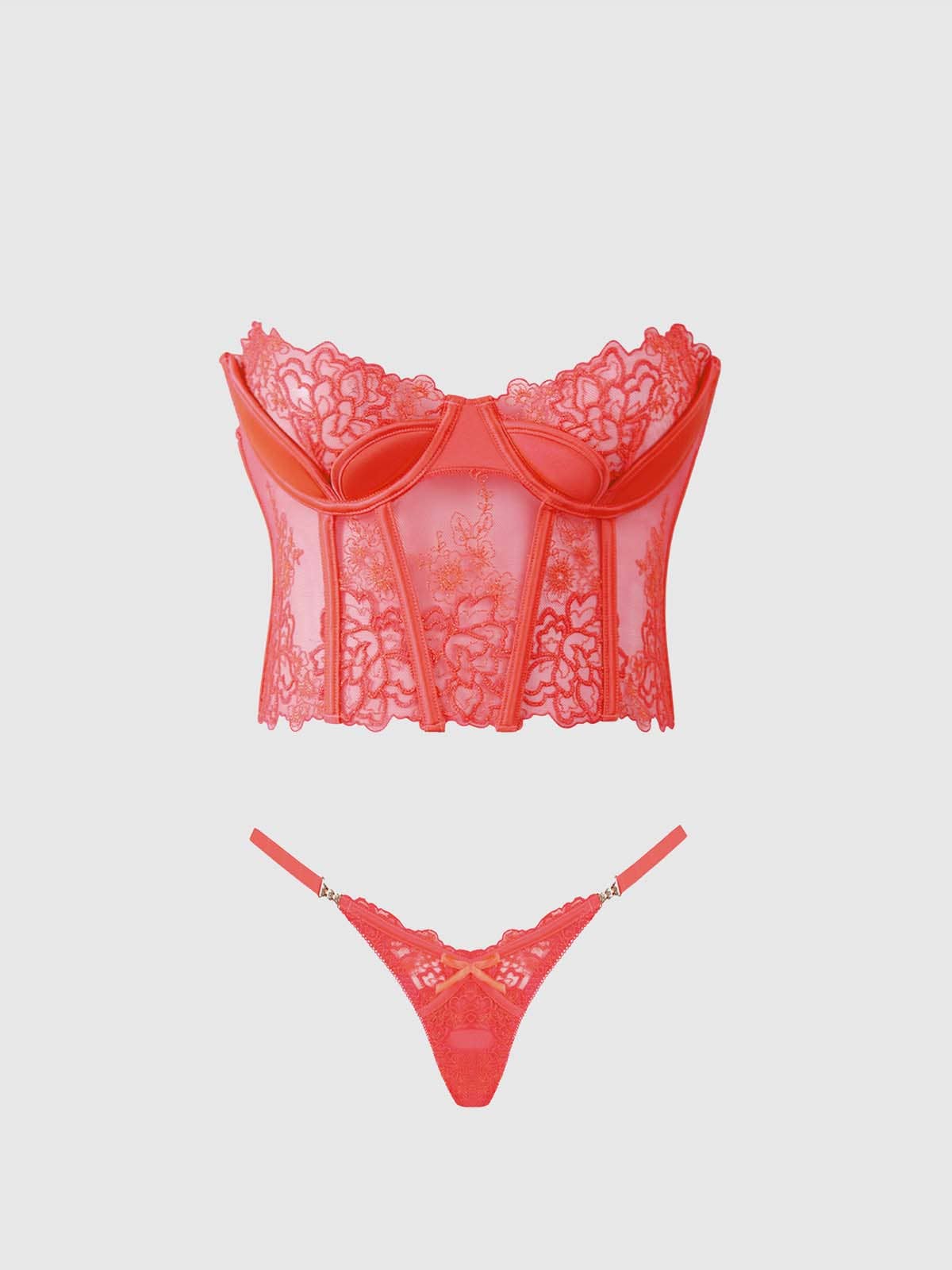 ENSEMBLE BUSTIER ET TANGA BRODÉ EDEN: CORAIL / S - LA PIRI | BOUTIQUE EN LIGNE DE BIKINIS ET LINGERIE