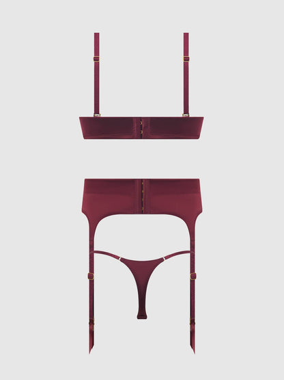 ENSEMBLE SOUTIEN-GORGE, JARRETIÈRE ET STRING EN SATIN À ENFONCEMENT PROFOND BRIGETA: BOURGOGNE / M