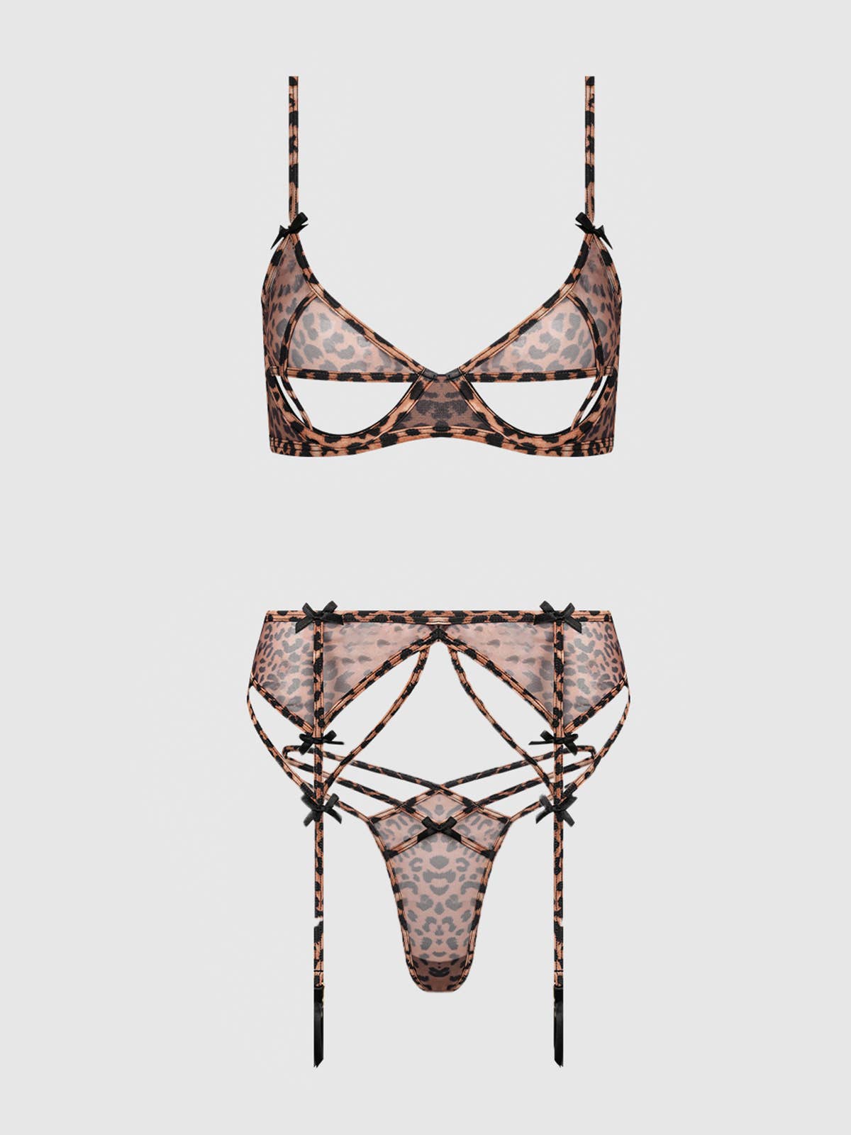 ENSEMBLE SOUTIEN-GORGE EN MAILLE LEOPARD ALIA, JARRETELLE ET CULOTTE DOS NU: LÉOPARD / XL - LA PIRI | BOUTIQUE EN LIGNE DE BIKINIS ET LINGERIE
