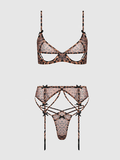 ENSEMBLE SOUTIEN-GORGE EN MAILLE LEOPARD ALIA, JARRETELLE ET CULOTTE DOS NU: LÉOPARD / XL - LA PIRI | BOUTIQUE EN LIGNE DE BIKINIS ET LINGERIE