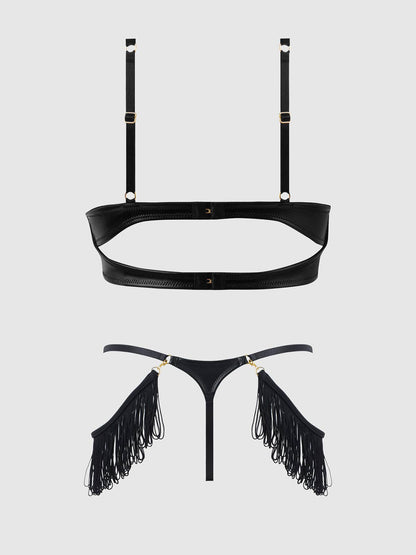 Ensemble soutiens-gorge push-up et string en similicuir à franges PHOENIX: Noir / 1X/2X House of Desire