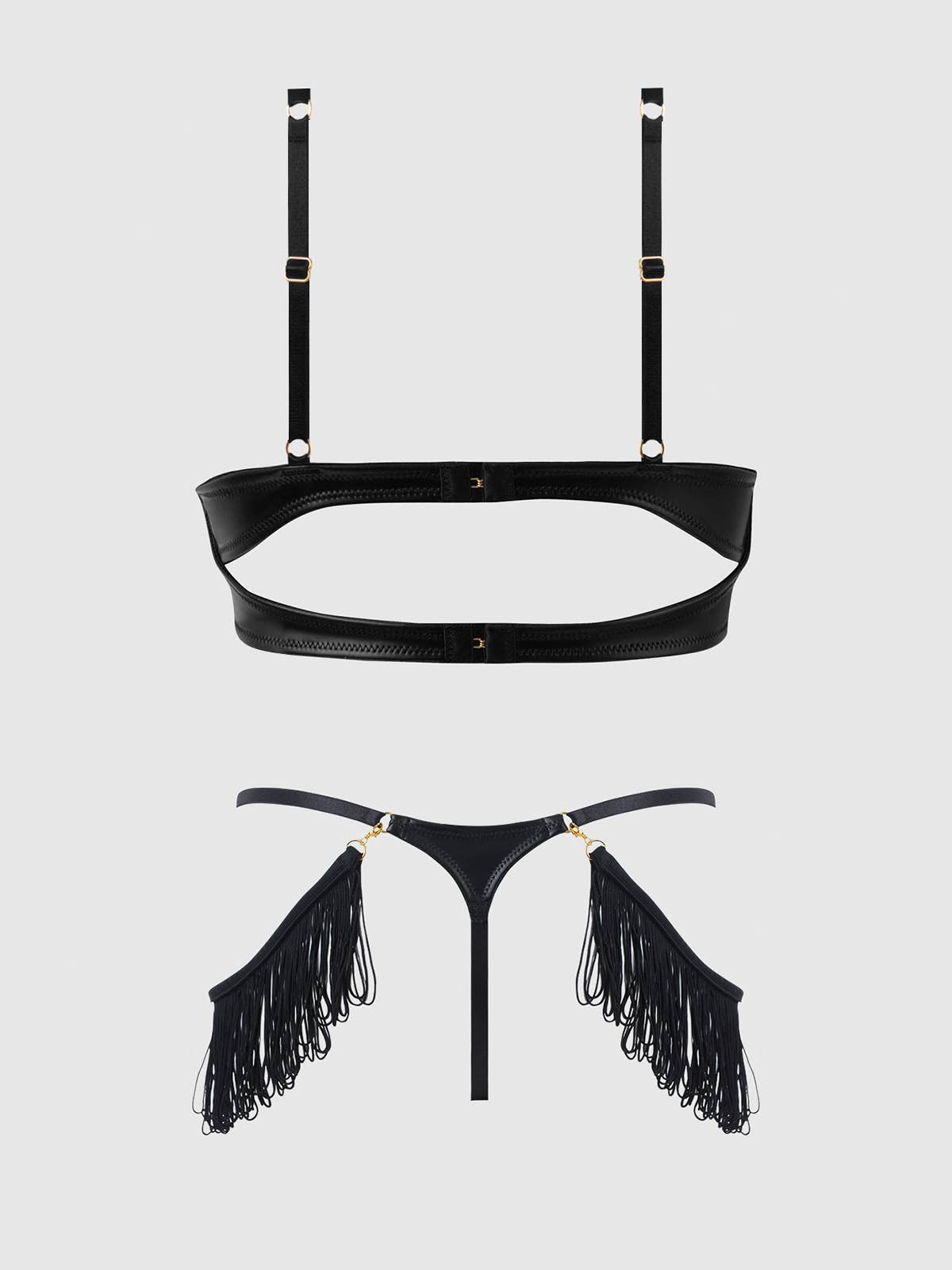 Ensemble soutiens-gorge push-up et string en similicuir à franges PHOENIX: Noir / 3X/4X - LA PIRI | BOUTIQUE EN LIGNE DE BIKINIS ET LINGERIE