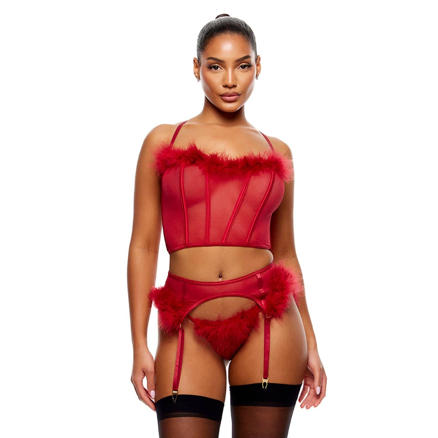 Ensemble de lingerie Bare It All en maille Marabou avec porte - jarretelles et soutien - gorge - Wine: Vin / S - LA PIRI | BOUTIQUE EN LIGNE DE BIKINIS ET LINGERIE