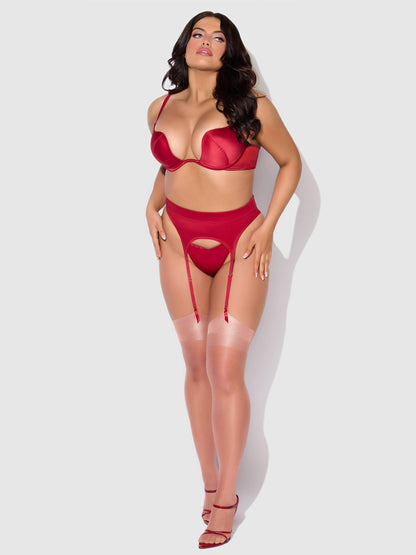 ENSEMBLE SOUTIEN-GORGE, JARRETIÈRE ET STRING EN SATIN À ENFONCEMENT PROFOND BRIGETA: BOURGOGNE / M