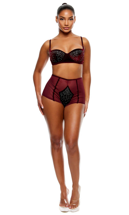 Ensemble de lingerie en velours avec strass et soutien - gorge Catght Your Eye - Wine: Vin / S - LA PIRI | BOUTIQUE EN LIGNE DE BIKINIS ET LINGERIE