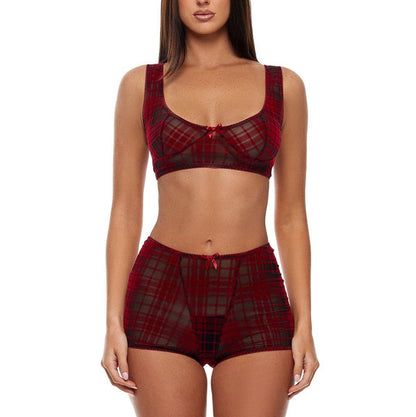 Ensemble de lingerie en dentelle à carreaux en velours : bralette et culottes: Rouge / S - LA PIRI | BOUTIQUE EN LIGNE DE BIKINIS ET LINGERIE