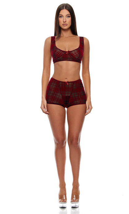 Ensemble de lingerie en dentelle à carreaux en velours : bralette et culottes: Rouge / M - LA PIRI | BOUTIQUE EN LIGNE DE BIKINIS ET LINGERIE