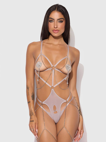 PRESLEY SHINE MESH OUVERTURE COUPE & TEDDY À STRASS ENTREJAMBE OUVERT: GRIS ARGENT / S - LA PIRI | BOUTIQUE EN LIGNE DE BIKINIS ET LINGERIE