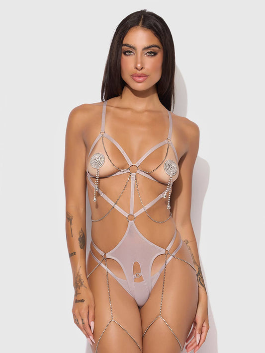 PRESLEY SHINE MESH OUVERTURE COUPE & TEDDY À STRASS ENTREJAMBE OUVERT: GRIS ARGENT / S - LA PIRI | BOUTIQUE EN LIGNE DE BIKINIS ET LINGERIE