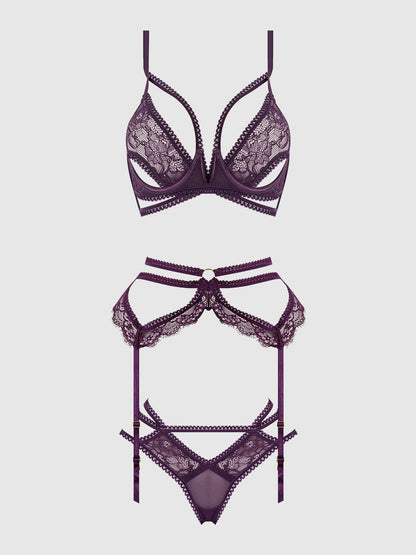 ENSEMBLE SOUTIEN-GORGE, JARRETIÈRE ET HIPSTER EN DENTELLE À BRETELLES BIANCA