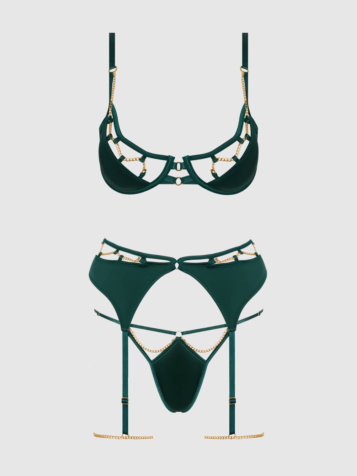 ENSEMBLE SOUTIEN - GORGE SATIN & CHAÎNE EVANGELINE, JARRETELLE DE CUISSE & STRING: ÉMERAUDE / S - LA PIRI | BOUTIQUE EN LIGNE DE BIKINIS ET LINGERIE