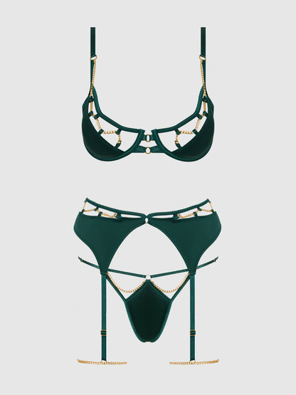 ENSEMBLE SOUTIEN - GORGE SATIN & CHAÎNE EVANGELINE, JARRETELLE DE CUISSE & STRING: ÉMERAUDE / S - LA PIRI | BOUTIQUE EN LIGNE DE BIKINIS ET LINGERIE