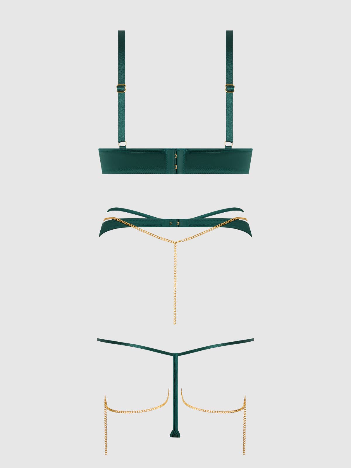 ENSEMBLE SOUTIEN - GORGE SATIN & CHAÎNE EVANGELINE, JARRETELLE DE CUISSE & STRING: ÉMERAUDE / S - LA PIRI | BOUTIQUE EN LIGNE DE BIKINIS ET LINGERIE