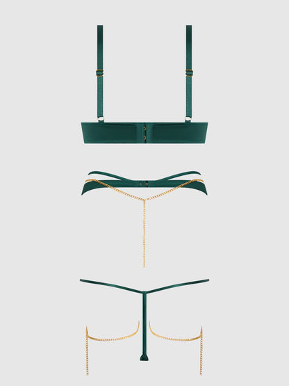 ENSEMBLE SOUTIEN - GORGE SATIN & CHAÎNE EVANGELINE, JARRETELLE DE CUISSE & STRING: ÉMERAUDE / S - LA PIRI | BOUTIQUE EN LIGNE DE BIKINIS ET LINGERIE