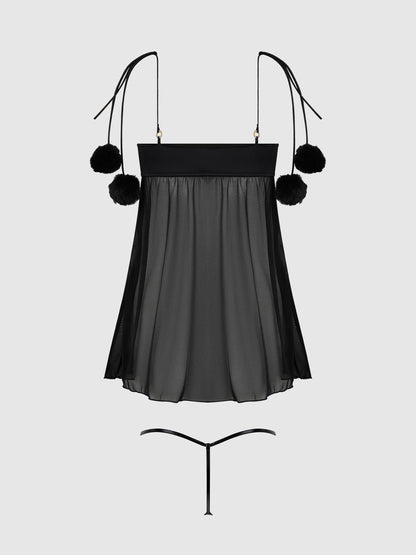 ENSEMBLE BABYDOLL EN MARABOU ET MAILLE MARILYN AVEC STRING: NOIR / S - LA PIRI | BOUTIQUE EN LIGNE DE BIKINIS ET LINGERIE