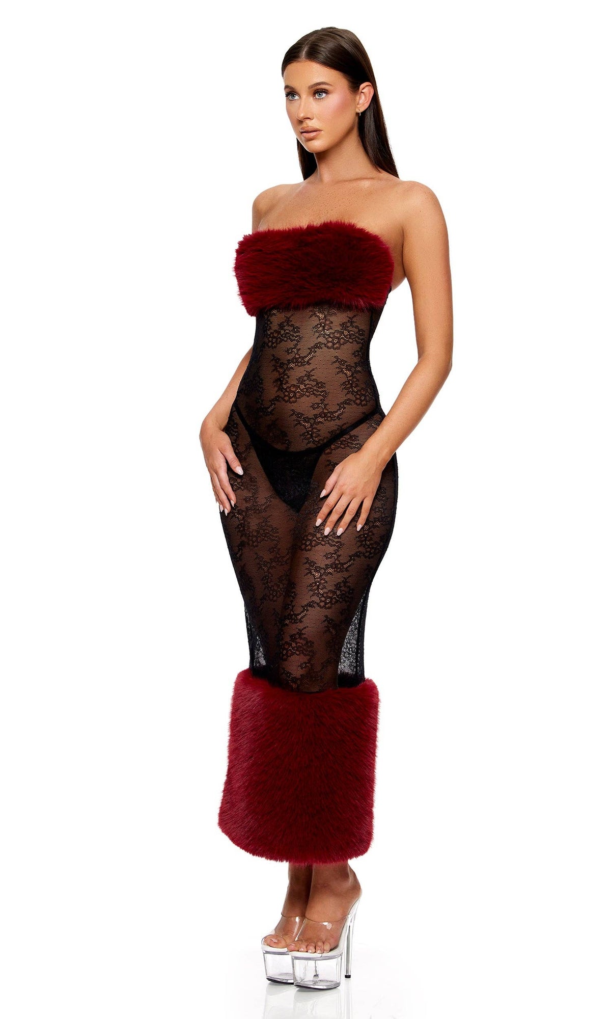 Ensemble nuisette en dentelle et fausse fourrure "Fur The Night": Wine / S - LA PIRI | BOUTIQUE EN LIGNE DE BIKINIS ET LINGERIE
