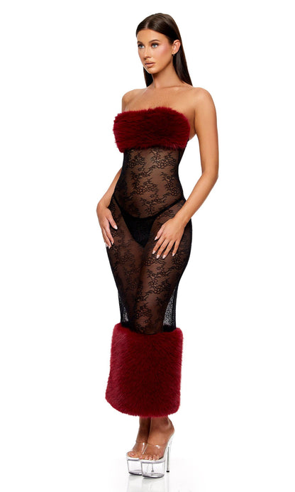 Ensemble nuisette en dentelle et fausse fourrure "Fur The Night": Wine / S - LA PIRI | BOUTIQUE EN LIGNE DE BIKINIS ET LINGERIE