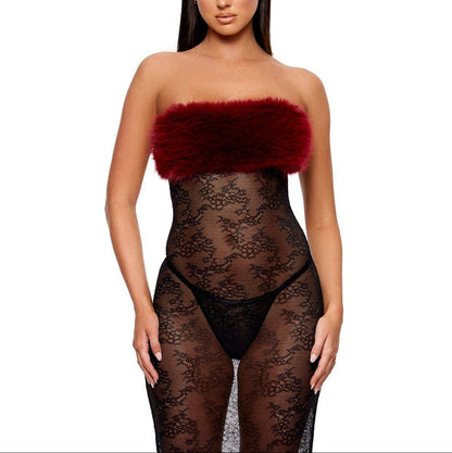 Ensemble nuisette en dentelle et fausse fourrure "Fur The Night": Wine / S - LA PIRI | BOUTIQUE EN LIGNE DE BIKINIS ET LINGERIE