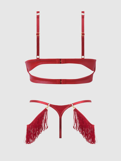 Ensemble soutiens-gorge push-up et string en similicuir à franges PHOENIX: Noir / 3X/4X - LA PIRI | BOUTIQUE EN LIGNE DE BIKINIS ET LINGERIE