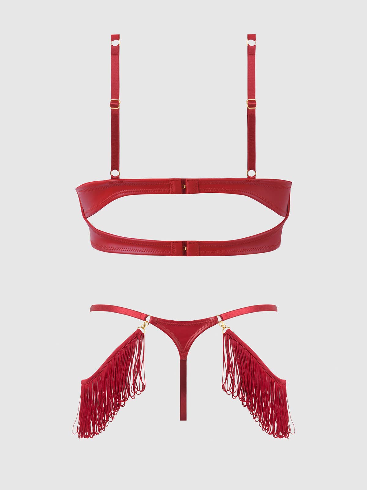 Ensemble soutiens-gorge push-up et string en similicuir à franges PHOENIX: Rouge cramoisi / S - LA PIRI | BOUTIQUE EN LIGNE DE BIKINIS ET LINGERIE