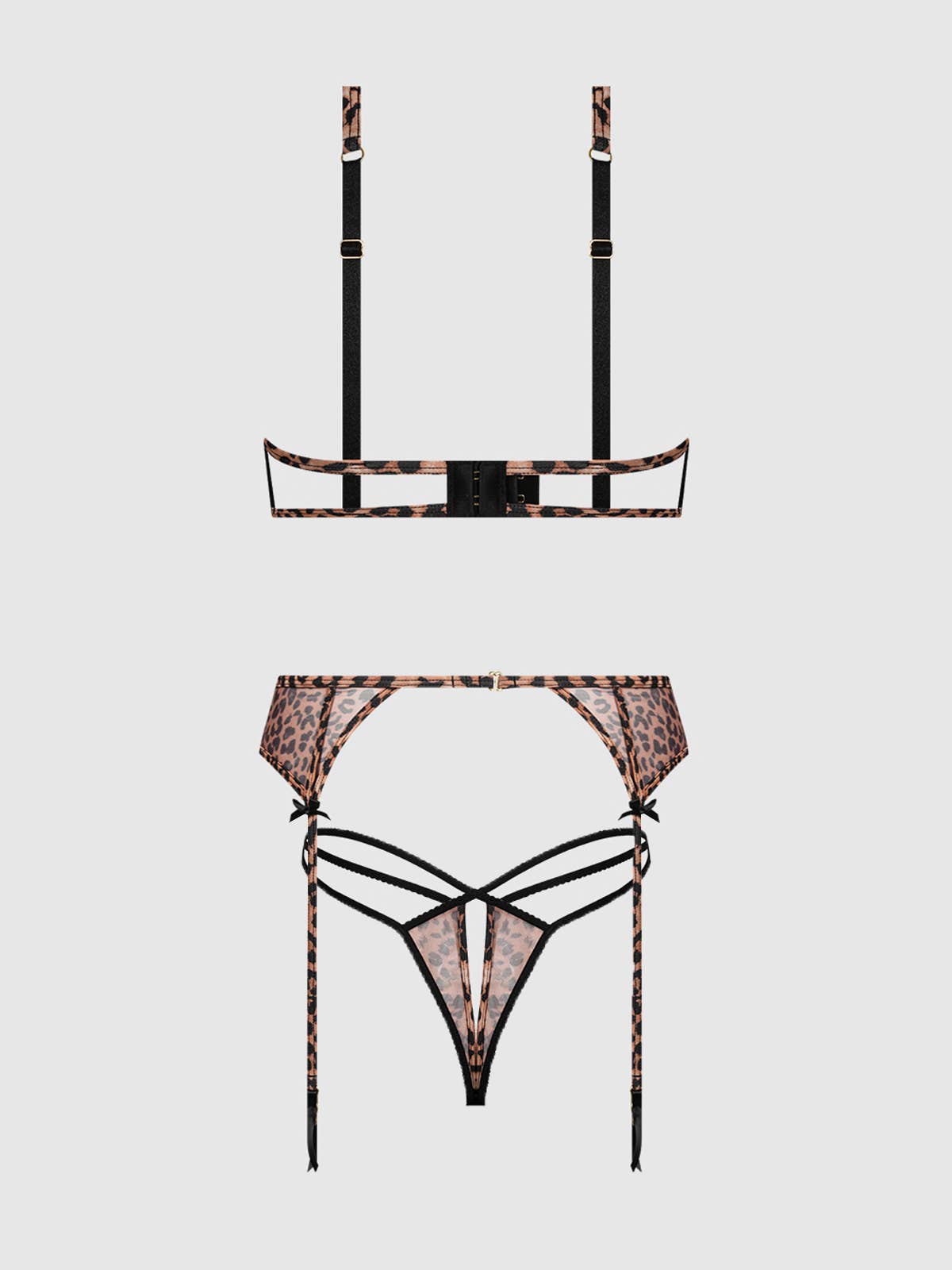 ENSEMBLE SOUTIEN-GORGE EN MAILLE LEOPARD ALIA, JARRETELLE ET CULOTTE DOS NU: LÉOPARD / XL - LA PIRI | BOUTIQUE EN LIGNE DE BIKINIS ET LINGERIE