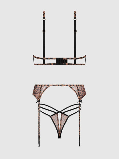 ENSEMBLE SOUTIEN-GORGE EN MAILLE LEOPARD ALIA, JARRETELLE ET CULOTTE DOS NU: LÉOPARD / XL - LA PIRI | BOUTIQUE EN LIGNE DE BIKINIS ET LINGERIE