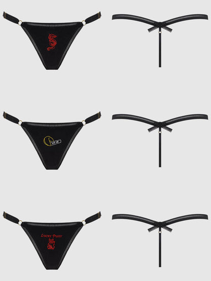 LOT DE 3 G - STRING EN COTON DRAGON: NOIR / S/M - LA PIRI | BOUTIQUE EN LIGNE DE BIKINIS ET LINGERIE