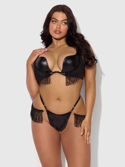 Ensemble soutiens-gorge push-up et string en similicuir à franges PHOENIX: Noir / 1X/2X House of Desire