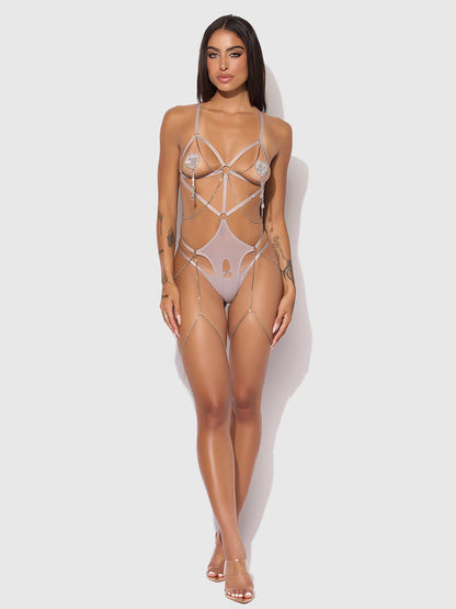 PRESLEY SHINE MESH OUVERTURE COUPE & TEDDY À STRASS ENTREJAMBE OUVERT: GRIS ARGENT / S - LA PIRI | BOUTIQUE EN LIGNE DE BIKINIS ET LINGERIE