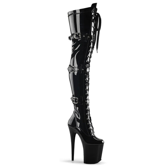 Pleaser FLAMINGO-3028 – 8" Heel, 4" PF Stretch Thigh Boot W/Buckled Straps, Side Zip Pleaser USA
